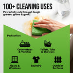Lifestyle-style graphic of a hand with a sponge cleaning a countertop and icons listing surfaces like countertops, toilets, floors and laundry