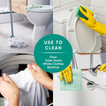 Four-panel collage showing mopping, toilet cleaning, laundry and bathing with a central badge listing surfaces to clean