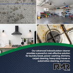Collage of dirty carpet, garage, kitchen, and greasy stovetop images with text describing indoor/outdoor cleaning uses