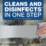 Graphic showing a hand wiping a cleaned strip with text ‘Cleans and Disinfects in One Step’ over a dirty metal surface