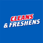 Bold marketing panel with 'CLEANS & FRESHENS' in red and white type on a solid blue background.