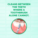 Infographic reading 'Cleans between the teeth where a toothbrush alone cannot' with circular image of brush between teeth