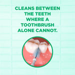 Graphic reading "Cleans between the teeth where a toothbrush alone cannot" with circular interdental brush image