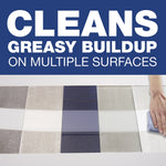 Graphic showing tiled surfaces and a hand wiping with text ‘Cleans greasy buildup on multiple surfaces’ in bold
