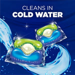 Graphic of two detergent paks with swirling water and text claiming the paks clean in cold water on a blue background