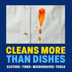 Graphic of an orange stain on a white shirt above bold text reading “CLEANS MORE THAN DISHES” with example uses listed below.