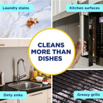 Collage showing different cleaning uses - laundry stain, kitchen handle, sink, and greasy grill - centered by a 'Cleans More Than Dishes' badge.