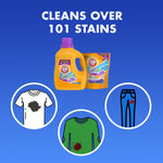 Graphic stating "Cleans Over 101 Stains" with small product images above icons of stained clothing items