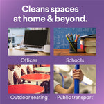 Purple infographic titled 'Cleans spaces at home & beyond' with photos labeled offices, schools, outdoor seating, and public transport