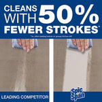Side‑by‑side cleaning comparison showing fewer strokes required with Spic and Span and bold headline ‘Cleans with 50% fewer strokes’