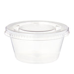 Close-up studio shot of a single clear plastic condiment cup with snap-on lid on white background