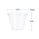 Clear plastic cup with measurements indicated, labeled 9 oz and dimensional markings on white background
