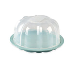 Clear plastic dome cake keeper seated on a teal tray base, photographed on white background