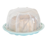 Clear dome lid covering a teal base with a gold swirl bundt pan visible inside, white background product shot