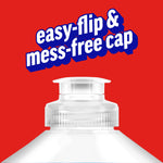 Close-up of a clear flip-top cap on a bottle with bold copy 'easy-flip & mess-free cap' on a red background