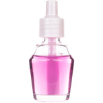 Studio shot of a clear plug-in fragrance refill bottle containing bright pink oil and a white plastic cap