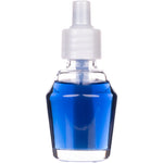 Clear glass refill bottle containing bright blue oil with a white plastic screw cap, photographed on white