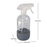 Clear glass spray bottle with translucent trigger showing dimensional measurement annotations