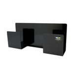 Black steel push-broom holder with two rectangular slots and a small Clear One logo on one side, on white background