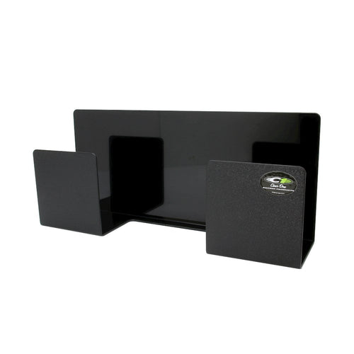 Black steel push-broom holder with two rectangular slots and a small Clear One logo on one side, on white background