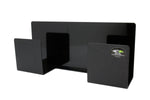 Black powder-coated metal push broom holder with two square side supports and a Clear One logo badge