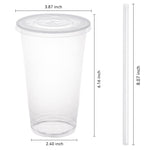 Clear disposable plastic cup with lid and a long clear straw shown with dimensional measurements on white background