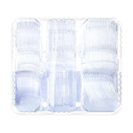 Clear clamshell tray filled with clear plastic forks, knives and spoons shown from above without label