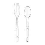 Isolated clear plastic fork and spoon on white background showing utensil shape and handle detail