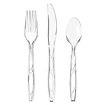 Isolated studio image of a clear plastic fork, serrated knife and spoon arranged vertically on a white background