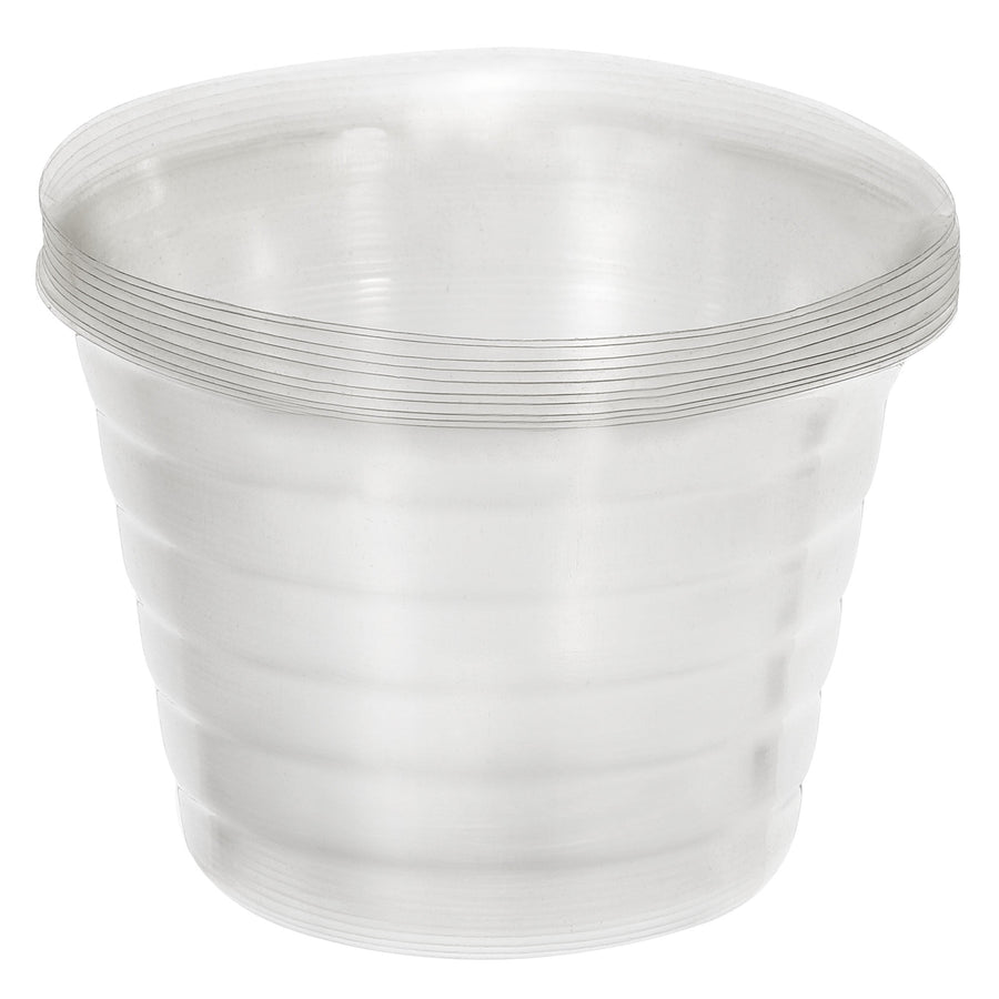 Clear plastic round plant pot liner with ribbed sides, translucent stackable saucer