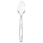 Single clear plastic spoon on white background showing bowl and patterned handle detail