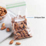 Clear portion snack bag filled with almonds showing green double zipper and printed 1/4, 1/2, 3/4 and 1 cup measurement lines