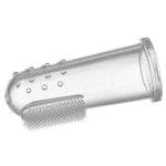 Clear silicone baby finger toothbrush shown alone on a white background, highlighting bristles and textured bumps