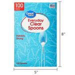Great Value Everyday Clear Spoons box with dimension overlays indicating 5 by 8 inches