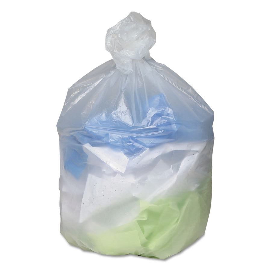 Clear tied garbage bag filled with mixed colored items and crumpled paper on white background