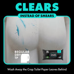 Infographic showing a soiled buttock smear comparison with small DUDE Wipes package and headline 'CLEARS INSTEAD OF SMEARS'