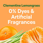 Graphic with clementine fruit and lemongrass imagery and bold text '0% Dyes & Artificial Fragrances' on orange background