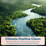 Aerial river and forest image with text “Climate Positive Clean” about restoring carbon, water, and energy