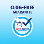 Graphic badge reading 'Clog-Free Guarantee' with a toilet icon and Roto-Rooter approved seal on blue gradient