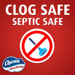 Red graphic stating ‘Clog Safe Septic Safe’ with a no-plunger icon and Charmin Ultra Strong logo