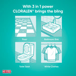 Teal promotional panel showing four icons and text illustrating floor, sink, toilet seat and white clothes uses