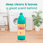 CLORALEN Aromas teal bottle staged in a laundry room with headline text reading 'deep cleans & leaves a great scent behind'