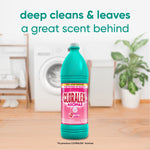 CLORALEN Aromas teal bottle staged in a laundry room scene with text 'deep cleans & leaves a great scent behind'