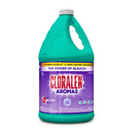 Single large teal Cloralen Aromas bleach jug with purple label on white background