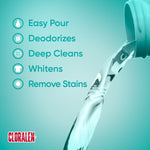 Close-up pour graphic with teal bottle top and streaming liquid listing benefits like easy pour and deodorizes