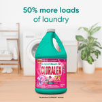 Cloralen floral no-splash bleach jug placed in a laundry room scene with text promoting 50% more loads