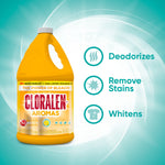 Cloralen Aromas yellow bleach bottle with teal infographic icons listing deodorizes, remove stains, whitens