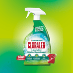 Cloralen laundry stain remover bottle on a green gradient background with a '3 in 1 formula' badge and icons