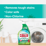 Cloralen stain remover bottle placed in a laundry room scene with text calling out 'Removes tough stains' and product benefits