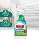 Cloralen spray bottle in front of a washing machine with icons highlighting 'Vinegar Power' and 'Hydrogen Peroxide'